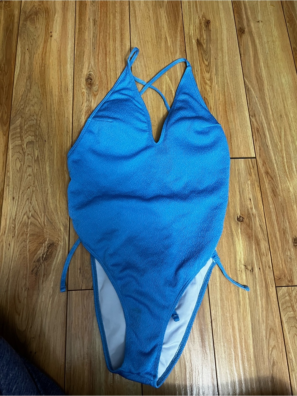 SHEIN Bright Blue Textured One-Piece Swimsuit with Crisscross Straps